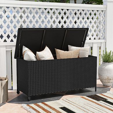 Indoor Outdoor 85 Gallon Storage Container with Waterproof Liner, Universal Wheels and PE Rattan