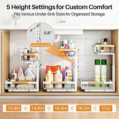 2-Tier Adjustable Under Sink Pull-Out Organizer, Metal Cabinet Storage