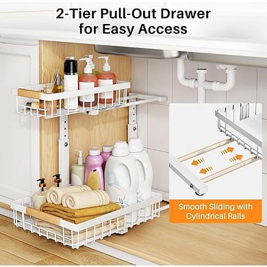2-Tier Adjustable Under Sink Pull-Out Organizer, Metal Cabinet Storage