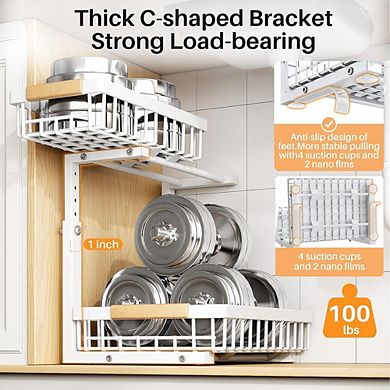 2-Tier Adjustable Under Sink Pull-Out Organizer, Metal Cabinet Storage