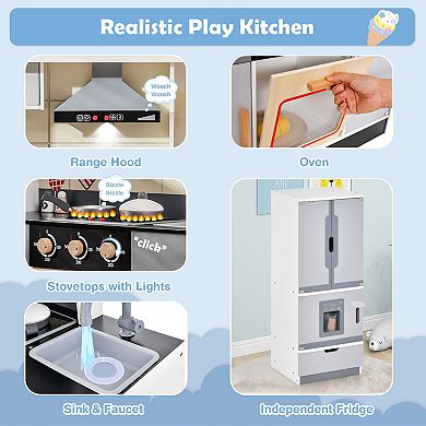 Wooden Play Kitchen With Refrigerator, Lights and Sounds