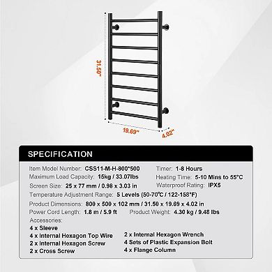 8-Bar Wall Mounted Heated Towel Rack for Bathroom Black