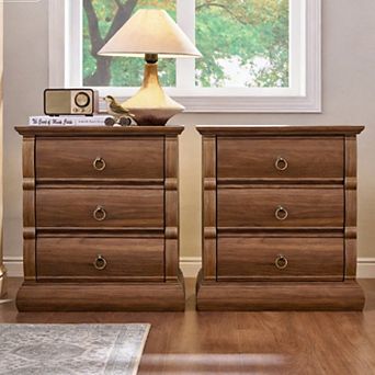 Vintage Nightstand with Charging Station, 3 Drawer Bedside Table, 22" Wood End Table for Bedroom