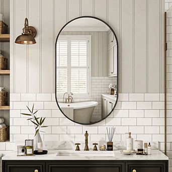 Black 22 in W x 38 in H Oval Aluminum Alloy Framed Vanity Wall Mirror