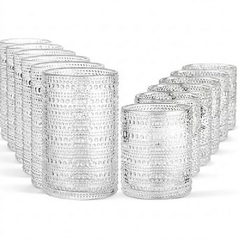 12 pc Hobnail Glass Set Highball & Lowball Glasses for Drinks