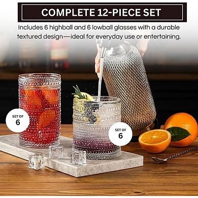 12-Piece Hobnail Glass Set Highball & Lowball Glasses for Drinks