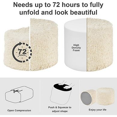 Faux Fur Round Pouf Ottoman, Foam-Filled Footrest, Washable Cover