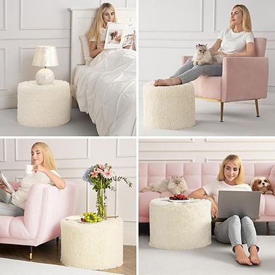 Faux Fur Round Pouf Ottoman, Foam-Filled Footrest, Washable Cover