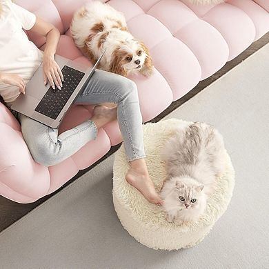 Faux Fur Round Pouf Ottoman, Foam-Filled Footrest, Washable Cover