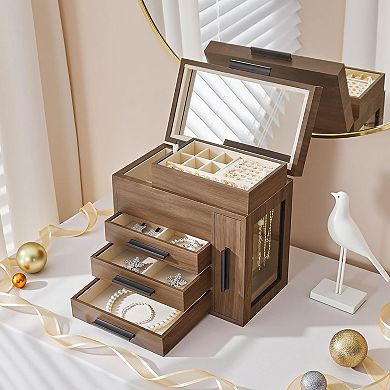 Large Jewelry Box with Mirror, Side Clear Acrylic Panel