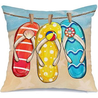 Summer Pillow Cover 18x18, Tropical Beach Flip Flops Starfish Farmhouse Decor