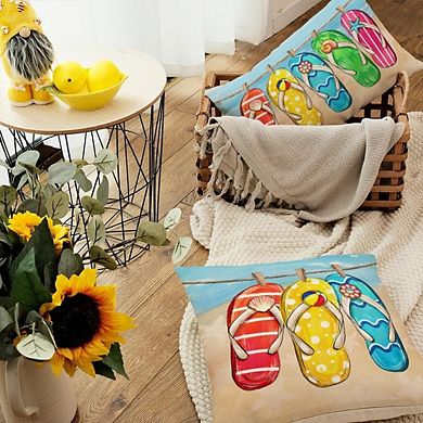 Summer Pillow Cover 18x18, Tropical Beach Flip Flops Starfish Farmhouse Decor
