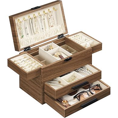 4-Layer Wooden Jewelry Organizer with Vertical Necklace Storage