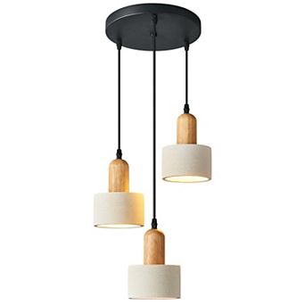 Modern Cement Round 3-Light Pendant Light Wooden Ceiling Lamp for Kitchen Island And Dining Room