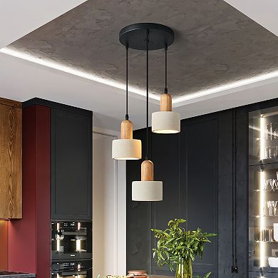 ZLAIQB 3-Light White Cement Wooden Round 4.92in Pendant Light