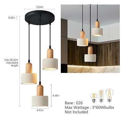 ZLAIQB 3-Light White Cement Wooden Round 4.92in Pendant Light