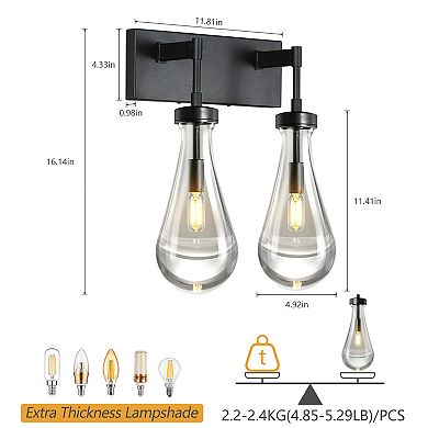 2-Light Modern Crystal Raindrop Wall Sconce Vanity Light