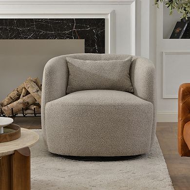 Modern Wide Boucle Upholstered Swivel Barrel Armchair with Pillow