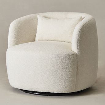 Modern Wide Boucle Upholstered Swivel Barrel Armchair with Pillow