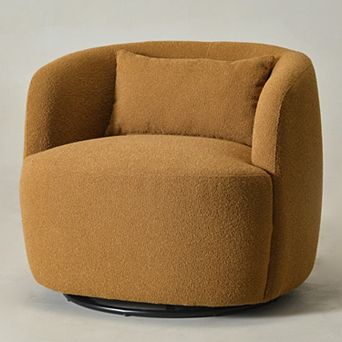 Modern Wide Boucle Upholstered Swivel Barrel Armchair with Pillow