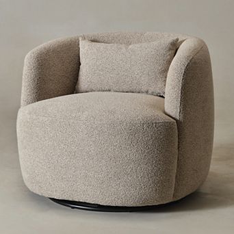 Modern Wide Boucle Upholstered Swivel Barrel Armchair with Pillow