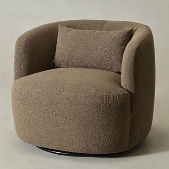 Modern Wide Boucle Upholstered Swivel Barrel Armchair with Pillow