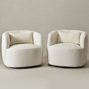 Modern Wide Boucle Upholstered Swivel Barrel Armchair with Pillow Set of 2
