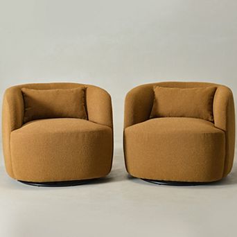 Modern Wide Boucle Upholstered Swivel Barrel Armchair with Pillow Set of 2
