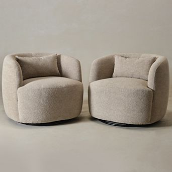 Modern Wide Boucle Upholstered Swivel Barrel Armchair with Pillow Set of 2