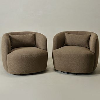 Modern Wide Boucle Upholstered Swivel Barrel Armchair with Pillow Set of 2