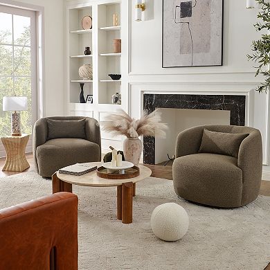 Modern Wide Boucle Upholstered Swivel Barrel Armchair with Pillow Set of 2