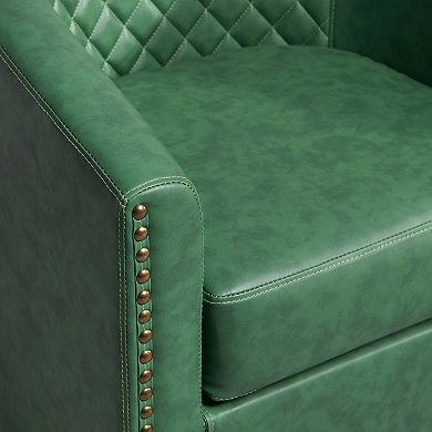 Wide Tufted Faux Leather Swivel Barrel Chair
