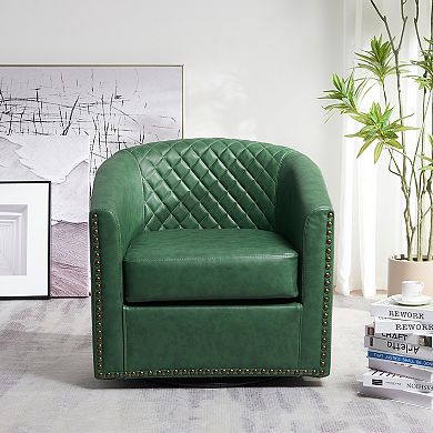 Wide Tufted Faux Leather Swivel Barrel Chair