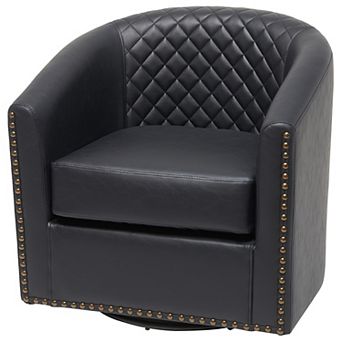 Wide Tufted Faux Leather Swivel Barrel Chair