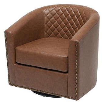 Wide Tufted Faux Leather Swivel Barrel Chair