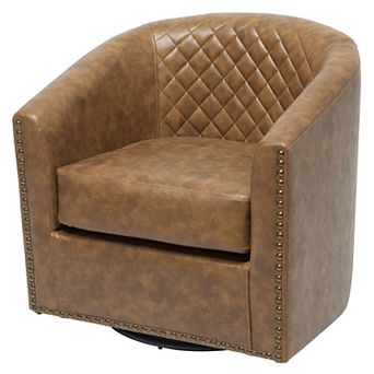Wide Tufted Faux Leather Swivel Barrel Chair