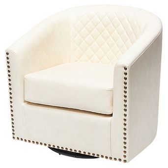 Wide Tufted Faux Leather Swivel Barrel Chair