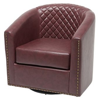 Wide Tufted Faux Leather Swivel Barrel Chair