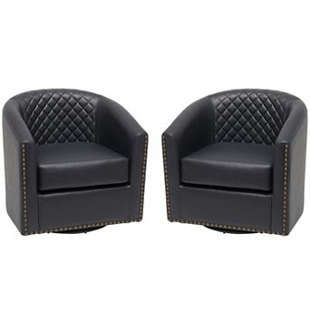 Wide Tufted Faux Leather Swivel Barrel Chair Set of 2