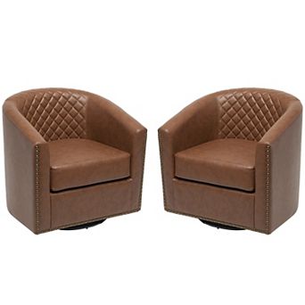 Wide Tufted Faux Leather Swivel Barrel Chair Set of 2
