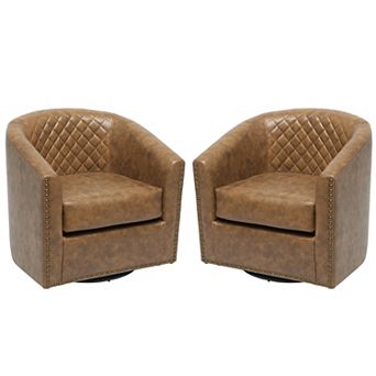 Wide Tufted Faux Leather Swivel Barrel Chair Set of 2