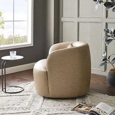Modern Faux Leather Upholstered Swivel Barrel Accent Chair with Toss Pillow