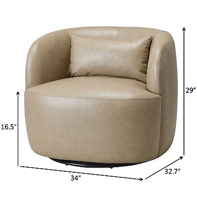 Modern Faux Leather Upholstered Swivel Barrel Accent Chair with Toss Pillow