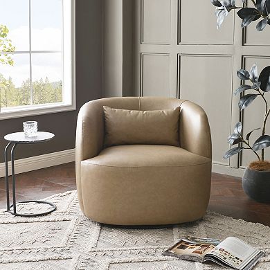 Modern Faux Leather Upholstered Swivel Barrel Accent Chair with Toss Pillow