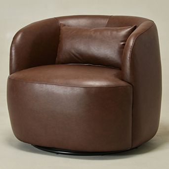 Modern Faux Leather Upholstered Swivel Barrel Accent Chair with Toss Pillow