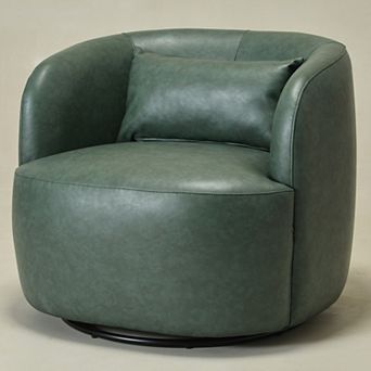 Modern Faux Leather Upholstered Swivel Barrel Accent Chair with Toss Pillow