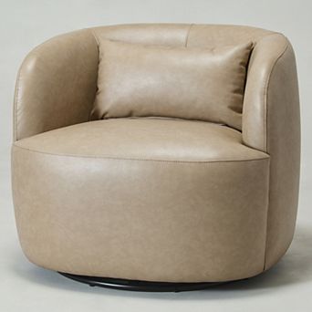 Modern Faux Leather Upholstered Swivel Barrel Accent Chair with Toss Pillow