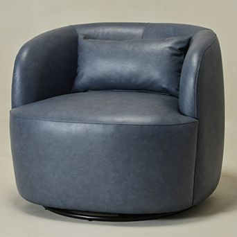 Modern Faux Leather Upholstered Swivel Barrel Accent Chair with Toss Pillow