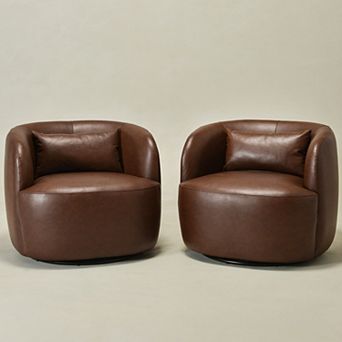 Modern Faux Leather Upholstered Swivel Barrel Accent Chair with Toss Pillow Set of 2