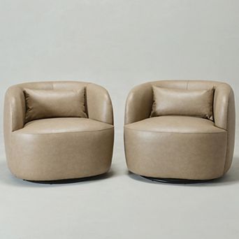 Modern Faux Leather Upholstered Swivel Barrel Accent Chair with Toss Pillow Set of 2